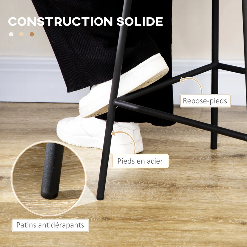 Lot de 2 tabourets de bar 42,5 x 52 x 102 cm assise cannage repose-pieds confortable vintage industriel en résine noire 21_0002322