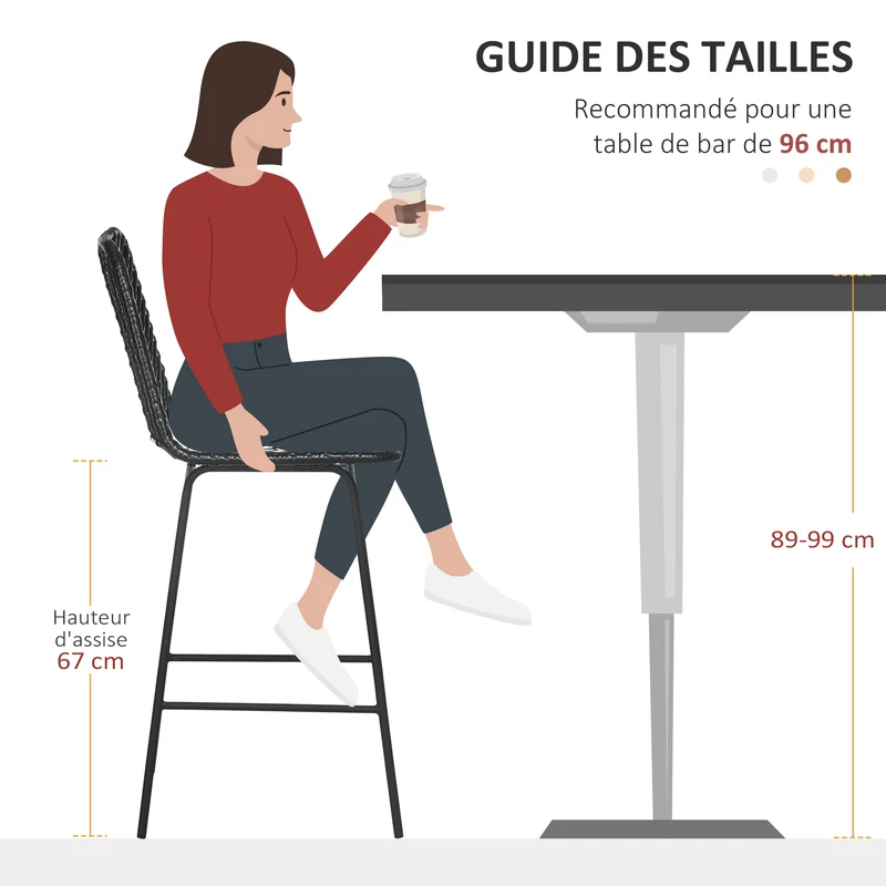 Lot de 2 tabourets de bar 42,5 x 52 x 102 cm assise cannage repose-pieds confortable vintage industriel en résine noire 21_0002322
