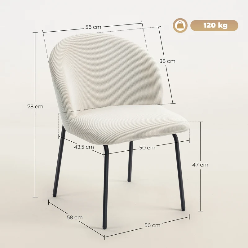 Lot de 2 chaises de salle à manger 56 x 58 x 78 cm assise rembourrée dossier incurvé scandinave en velours côtelé crème 21_0003344