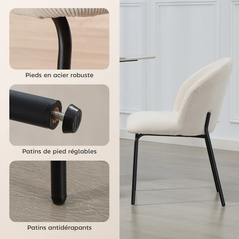 Lot de 2 chaises de salle à manger 56 x 58 x 78 cm assise rembourrée dossier incurvé scandinave en velours côtelé crème 21_0003344