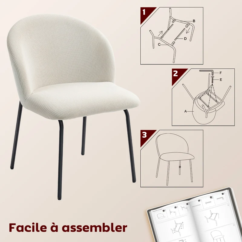 Lot de 2 chaises de salle à manger 56 x 58 x 78 cm assise rembourrée dossier incurvé scandinave en velours côtelé crème 21_0003344