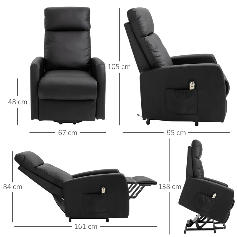 Fauteuil releveur électrique 67 x 95 x 105 cm repose-pied relevable assise mousse 25kg/m3 moderne en synthétique noir 21_0000873