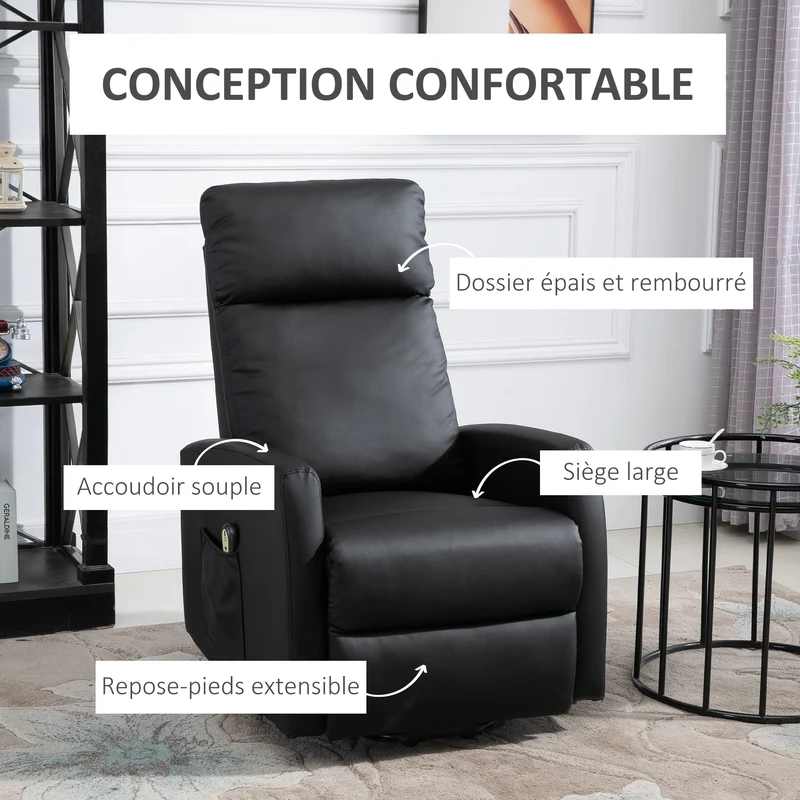 Fauteuil releveur électrique 67 x 95 x 105 cm repose-pied relevable assise mousse 25kg/m3 moderne en synthétique noir 21_0000873