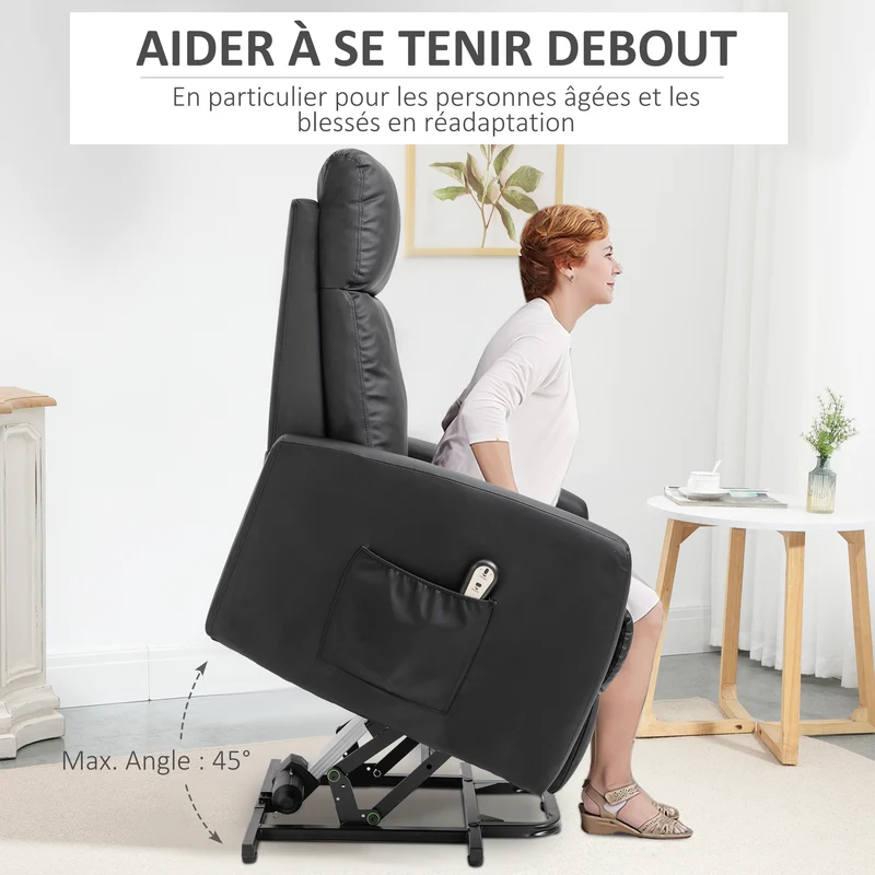 Fauteuil releveur électrique 67 x 95 x 105 cm repose-pied relevable assise mousse 25kg/m3 moderne en synthétique noir 21_0000873