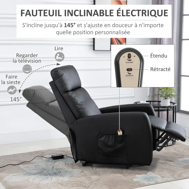 Fauteuil releveur électrique 67 x 95 x 105 cm repose-pied relevable assise mousse 25kg/m3 moderne en synthétique noir 21_0000873