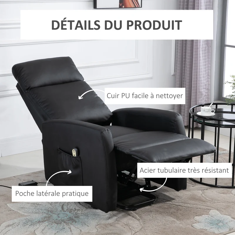 Fauteuil releveur électrique 67 x 95 x 105 cm repose-pied relevable assise mousse 25kg/m3 moderne en synthétique noir 21_0000873