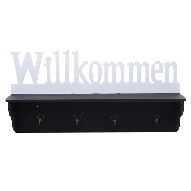 Porte-manteau mural willkommen avec 4 crochets solide 30x60x13cm noir/blanc 04_0001014