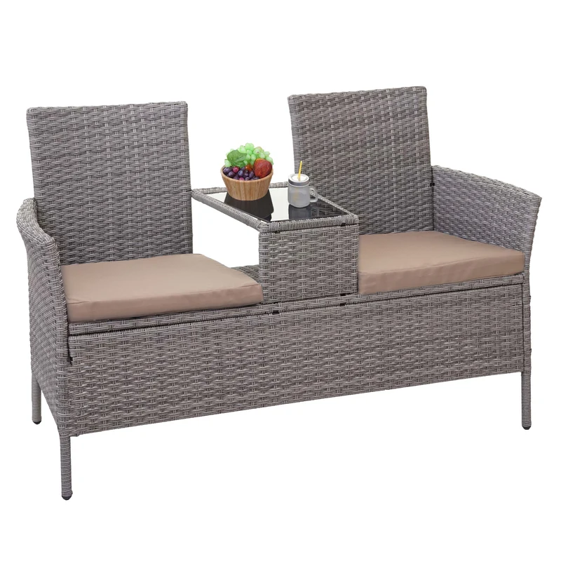 Banc en polyrotin avec table fauteuils chaises de jardin 132cm gris coussin crème 04_0001140