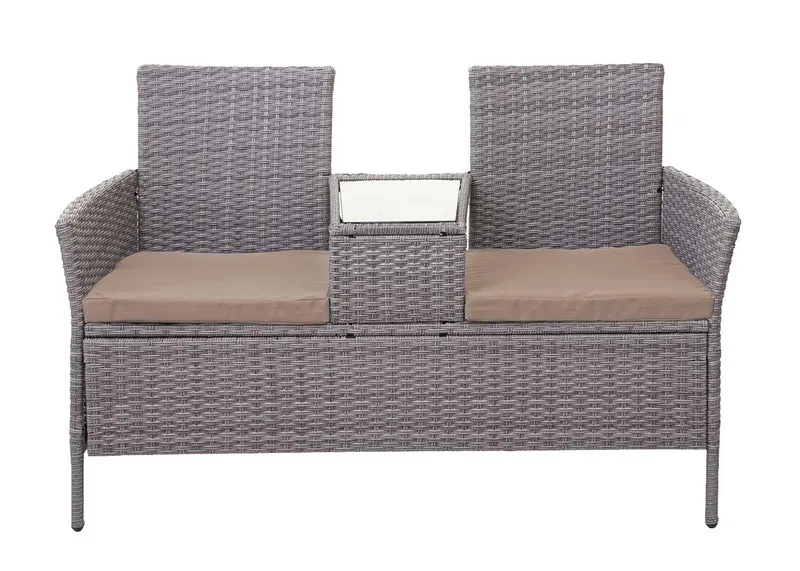Banc en polyrotin avec table fauteuils chaises de jardin 132cm gris coussin crème 04_0001140