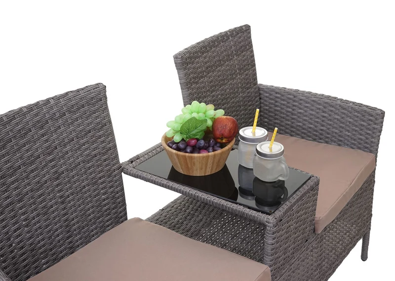 Banc en polyrotin avec table fauteuils chaises de jardin 132cm gris coussin crème 04_0001140
