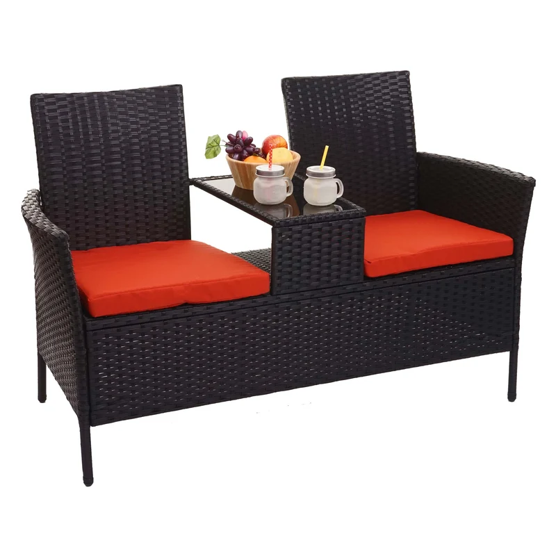 Banc en polyrotin avec table fauteuils chaises de jardin 132 cm noir coussin terracota 04_0001139