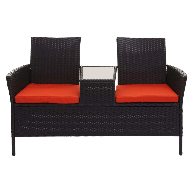 Banc en polyrotin avec table fauteuils chaises de jardin 132 cm noir coussin terracota 04_0001139