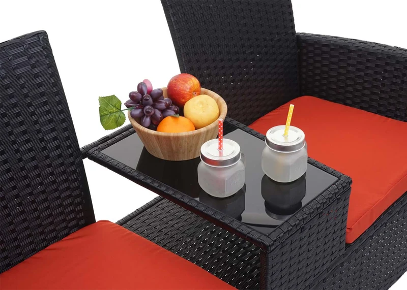 Banc en polyrotin avec table fauteuils chaises de jardin 132 cm noir coussin terracota 04_0001139