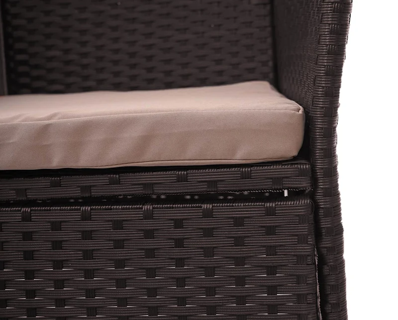 Banc en polyrotin avec table fauteuils chaises de jardin 132cm marron coussin crème 04_0001138