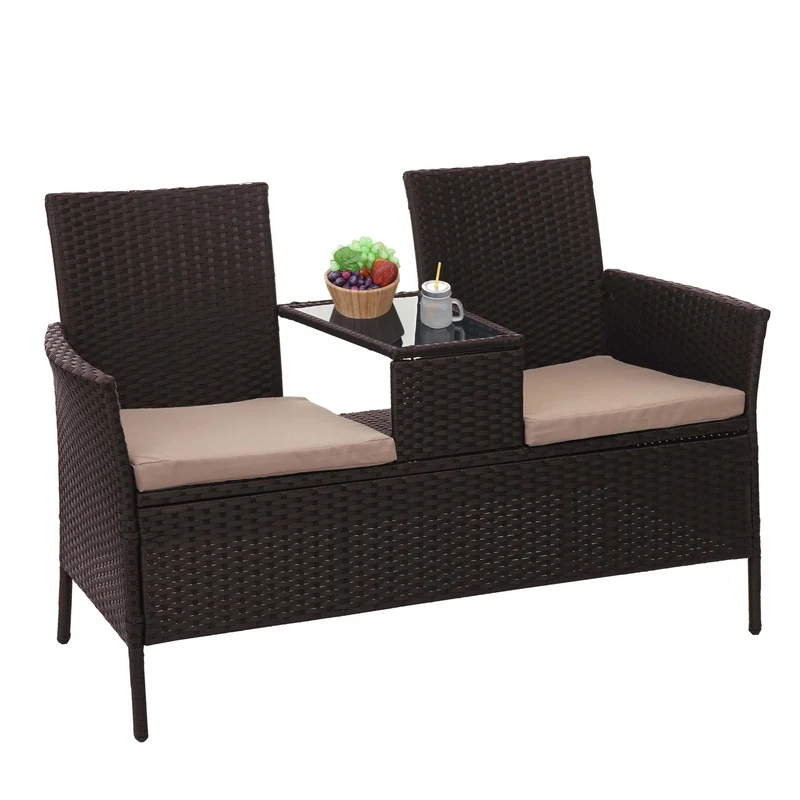 Banc en polyrotin avec table fauteuils chaises de jardin 132cm marron coussin crème 04_0001138