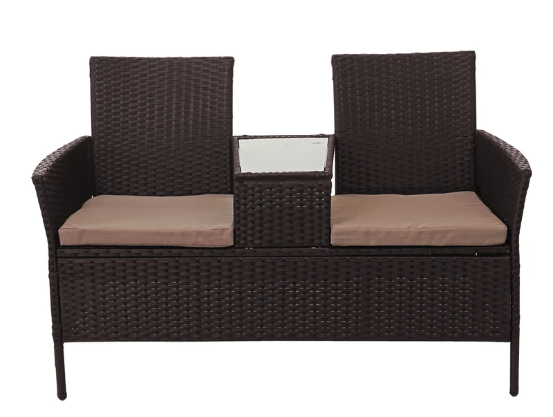 Banc en polyrotin avec table fauteuils chaises de jardin 132cm marron coussin crème 04_0001138