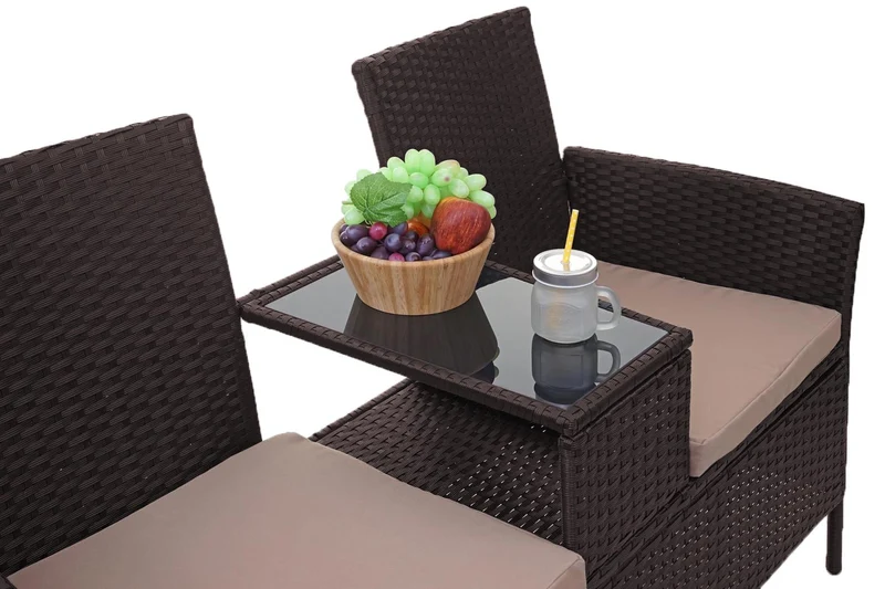 Banc en polyrotin avec table fauteuils chaises de jardin 132cm marron coussin crème 04_0001138