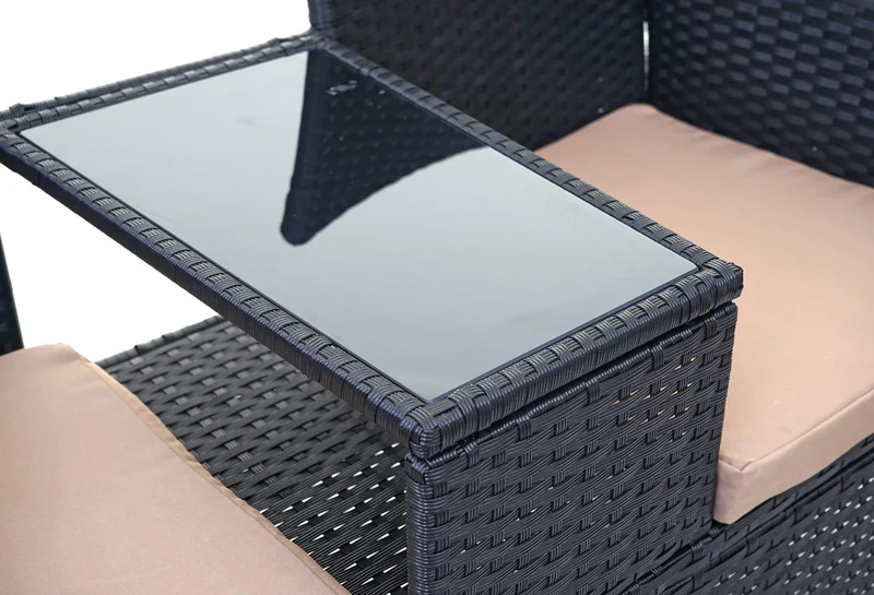 Banc en polyrotin avec table fauteuils chaises de jardin 132cm noir coussin crème 04_0001137