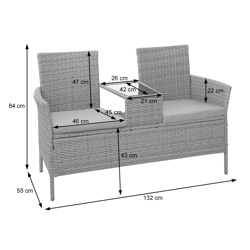 Banc en polyrotin avec table fauteuils chaises de jardin 132cm noir coussin crème 04_0001137