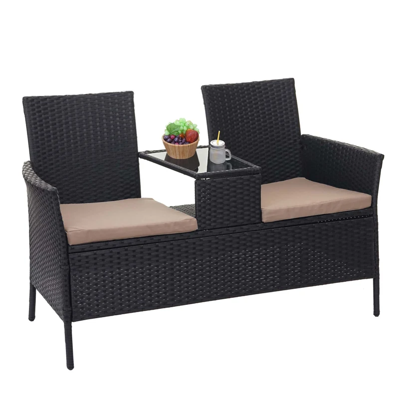 Banc en polyrotin avec table fauteuils chaises de jardin 132cm noir coussin crème 04_0001137