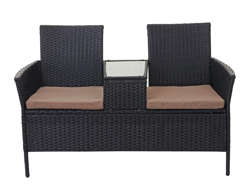 Banc en polyrotin avec table fauteuils chaises de jardin 132cm noir coussin crème 04_0001137