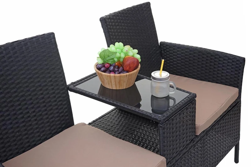 Banc en polyrotin avec table fauteuils chaises de jardin 132cm noir coussin crème 04_0001137