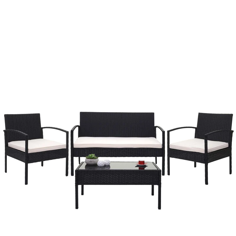 Ensemble pour extérieur balcon/jardin/salon en polyrotin noir coussin crème 04_0003247