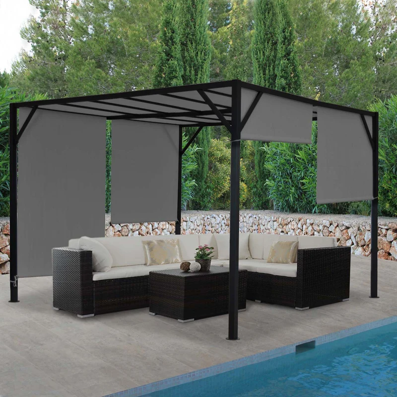 Pergola arche pavillon de jardin terrasse auvent structure acier stable 6cm + toit ouvrant gris 4x4m 04_0004067