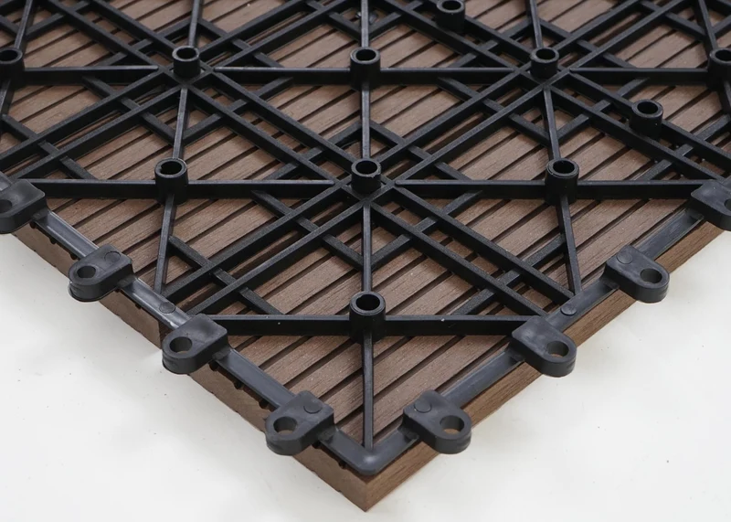 Carrelage de sol WPC balcon terrasse aspect bois 11 pièces 30x30cm 1m² décalage en teck couleur café 04_0005442