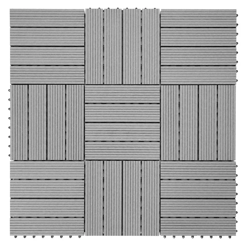 Set de 11 dalles de terrasse aspect bois WPC pour balcon jardin terrasse 30x30cm 1m² base gris linéaire 04_0005435
