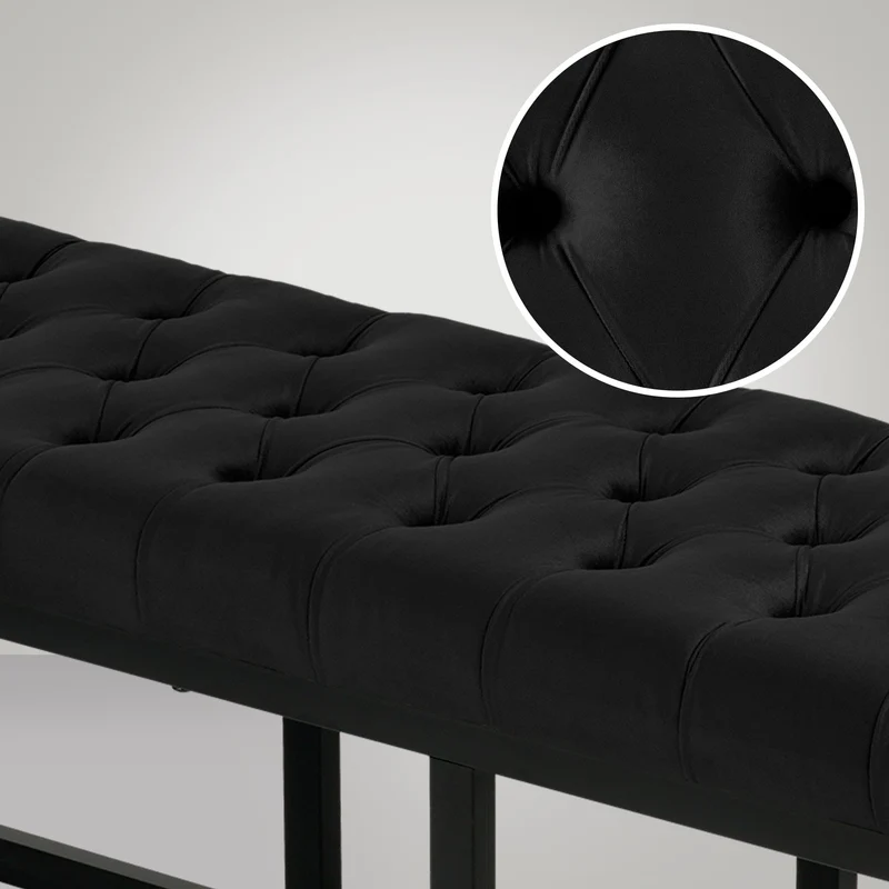 Banquette capitonné bout de lit en tissu velours noir support en métal noir 120 cm BAN10109