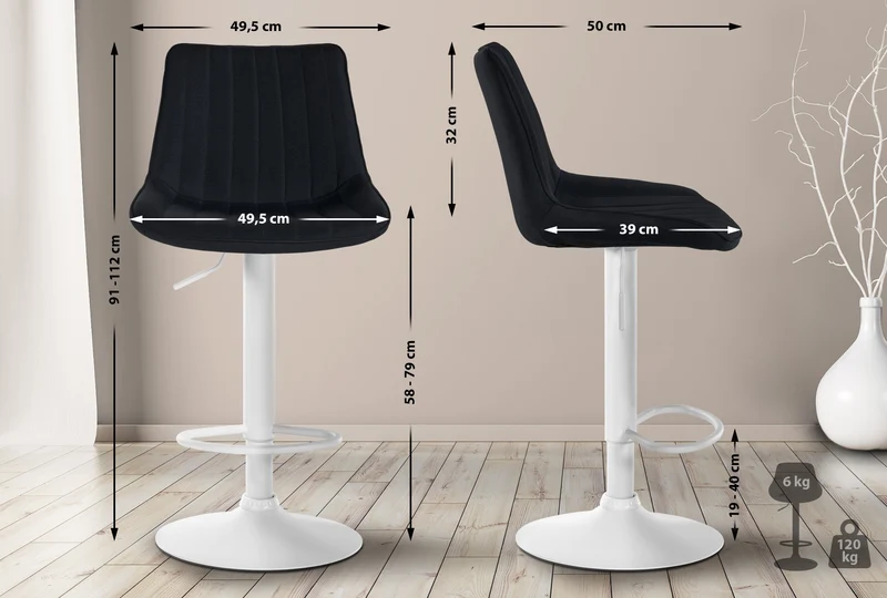 Lot de 2 tabourets de bar réglable en hauteur pivotant à 360° assise en tissu noir couture verticale pied métal blanc 10_0006407