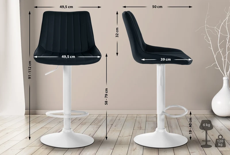 Tabouret de bar x1 réglable en hauteur pivotant à 360° assise en PVC noir couture verticale pied métal blanc 10_0005425
