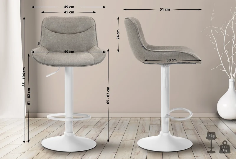 Lot de 2 tabourets de bar pivotant forme ergonomique surpiqûres décoratives en tissu taupe cadre en métal blanc 10_0005995
