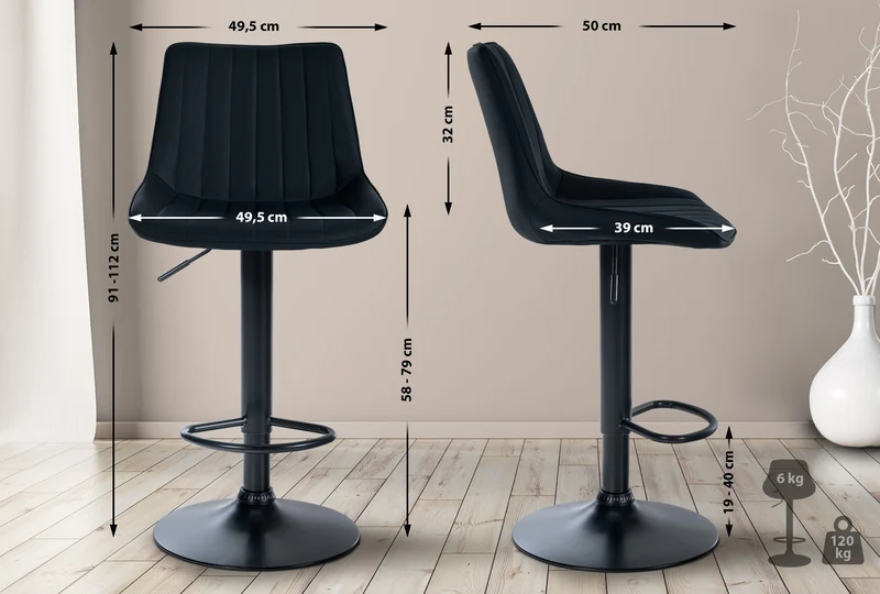 Lot de 2 tabourets de bar réglable en hauteur pivotant à 360° assise en PVC noir couture verticale pied métal noir 10_0004423