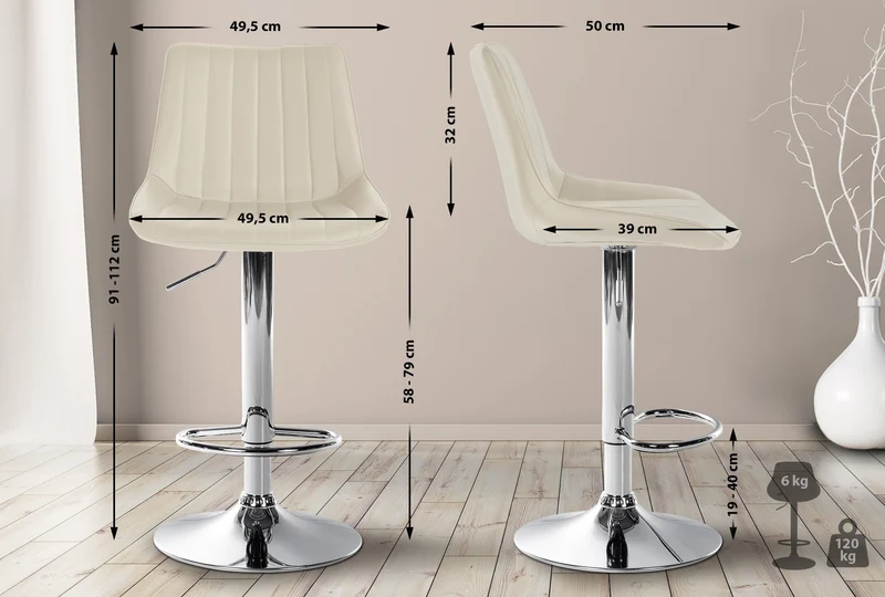 Lot de 2 tabourets de bar réglable en hauteur pivotant à 360° assise en similicuir crème couture verticale pied métal chromé 10_0006778