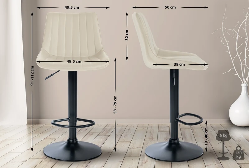 Tabouret de bar x1 réglable en hauteur pivotant à 360° assise en similicuir crème couture verticale pied métal noir 10_0006559
