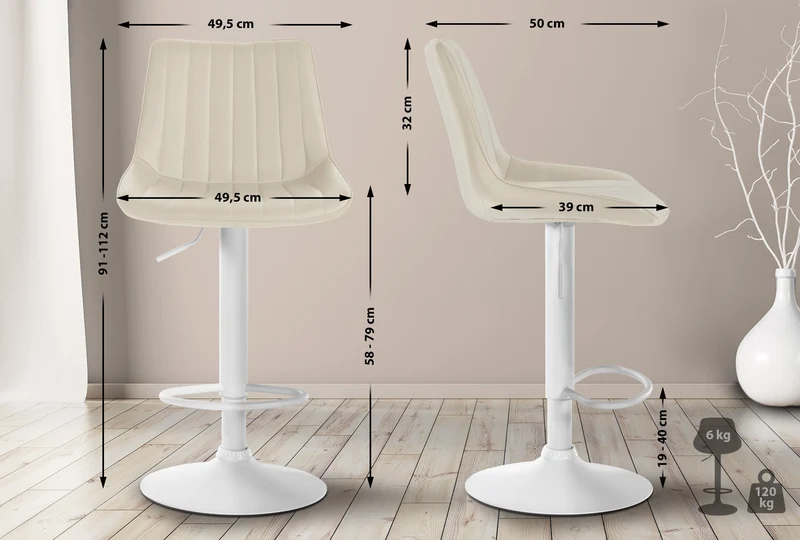 Tabouret de bar x1 réglable en hauteur pivotant à 360° assise en similicuir crème couture verticale pied métal blanc 10_0006557