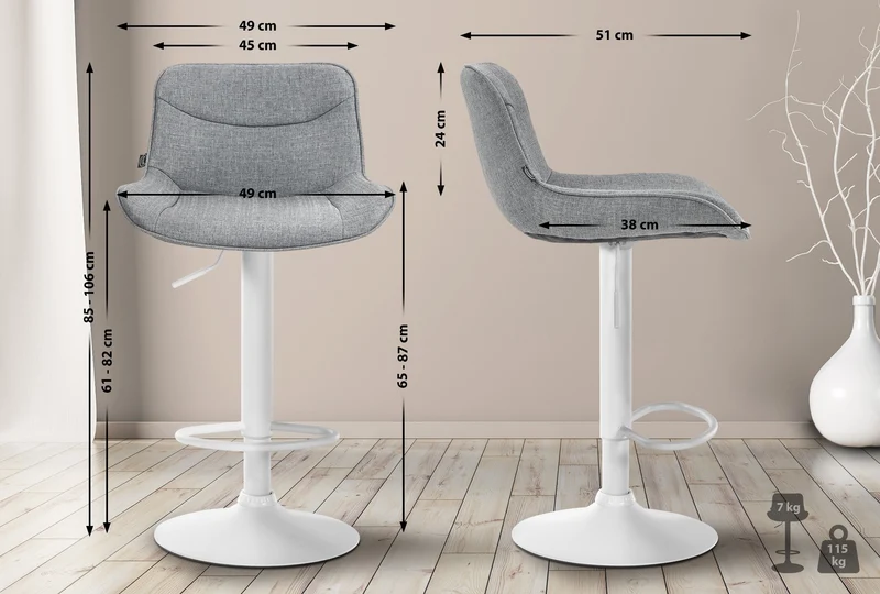 Lot de 2 tabourets de bar pivotant forme ergonomique surpiqûres décoratives en tissu gris cadre en métal blanc 10_0006199