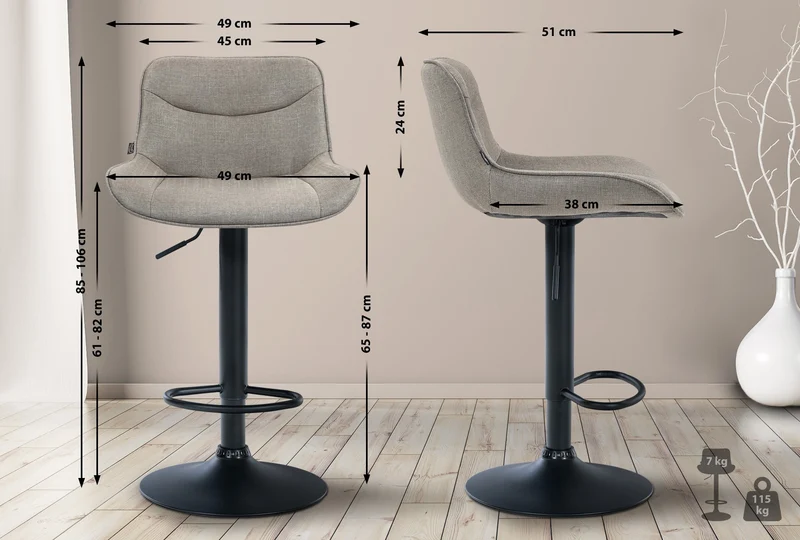 Lot de 2 tabourets de bar pivotant forme ergonomique surpiqûres décoratives en tissu taupe cadre en métal noir 10_0005997