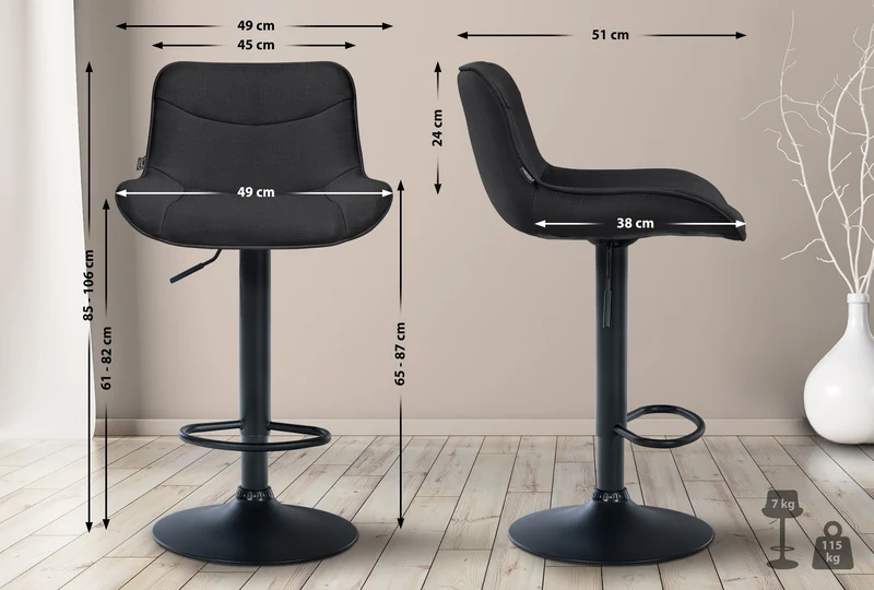 Lot de 2 tabourets de bar x1 avec coutures décoratives en tissu noir pied en trompette métal noir 10_0004461