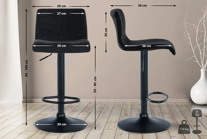 Lot de 2 tabourets de bar design simple avec repose-pieds en tissu noir pieds en métal noir 10_0004054