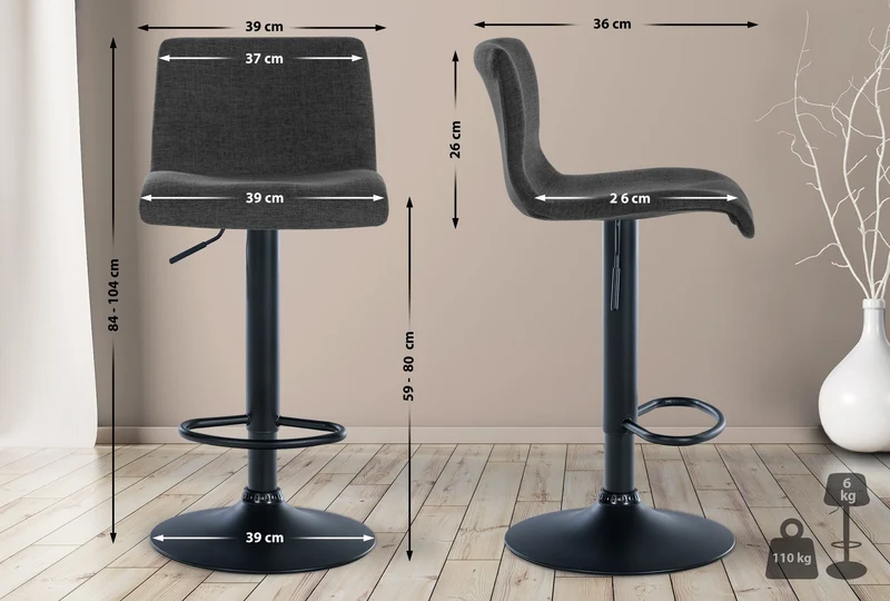 Lot de 2 tabourets de bar design simple avec repose-pieds en tissu gris foncé pieds en métal noir 10_0004052