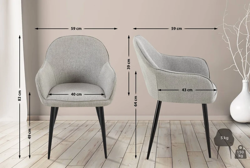Lot de 2 chaises de salle à manger moderne et confortable en tissu gris et pieds en métal noir 10_0001601