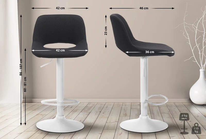 Tabourets de bar chaises haute x2 avec repose-pieds en tissu noir piètement métallique blanc 10_0004101