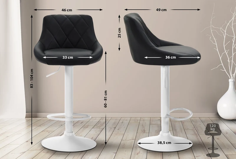 Tabouret de bar en synthétique noir pivotant avec repose-pieds métal blanc coutures décoratives TDB10596