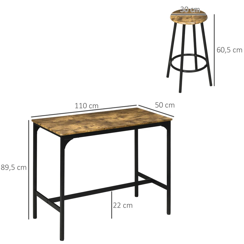 Ensemble table haute rectangulaire et 4 tabourets 110 x 50 x 89,5 cm rangement sous table repose-pieds moderne en MDF brun 21_0002329