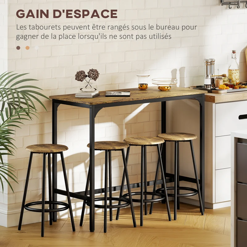 Ensemble table haute rectangulaire et 4 tabourets 110 x 50 x 89,5 cm rangement sous table repose-pieds moderne en MDF brun 21_0002329
