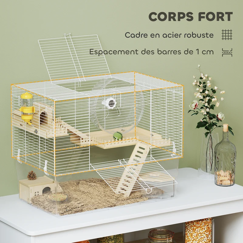 Cage à hamster 3 niveaux 59 x 35,5 x 47 cm bac profond amovible 18 cm roue 23,5 cm moderne épuré en fil d'acier blanc 21_0008011