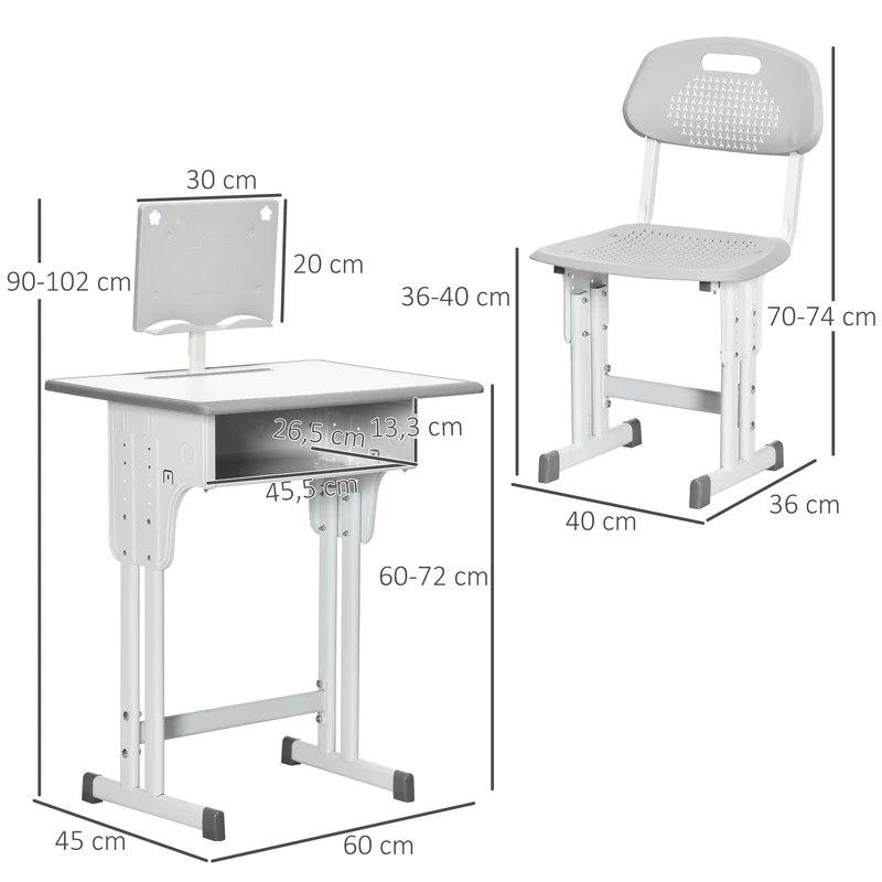 Bureau et chaise enfant réglable 60 x 45 x 90-102 cm avec casier et support livre pour chambre moderne épuré en MDF gris 21_0000192